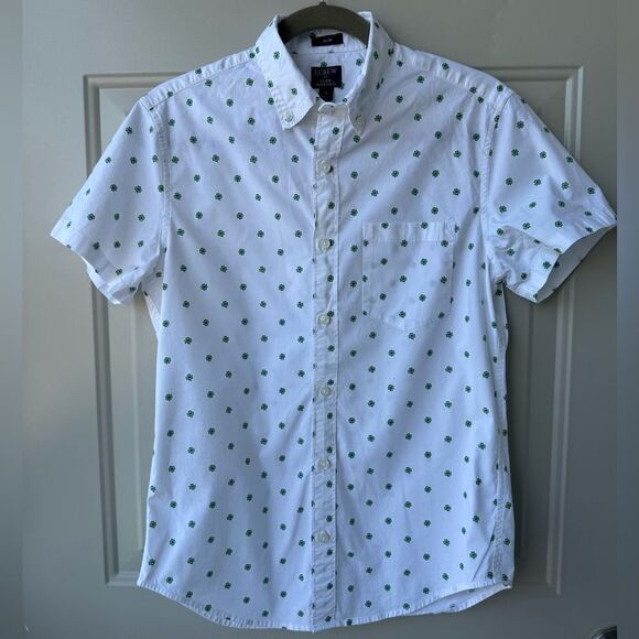 J.Crew Men’s Slim Fit Flex Shirt White Clover Embroidery St. Patrick’s Sz S - Picture 1 of 6